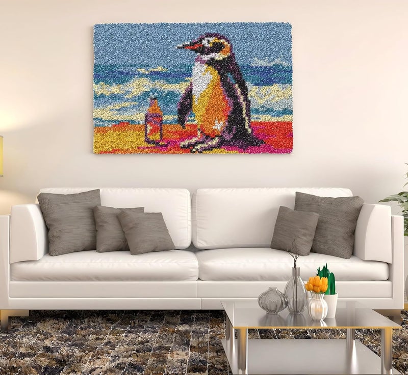 GLAECYY Latch Hook Kits Rug Crochet Yarn Kit Cushion Colour Pre-Printed Canvas Rug Needlework DIY Hook and Latch Kit (Seaside Penguin) - Image 3